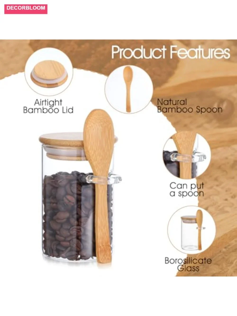 Set of 8 Airtight Glass Jars with Bamboo Lids and Spoons for Kitchen Storage